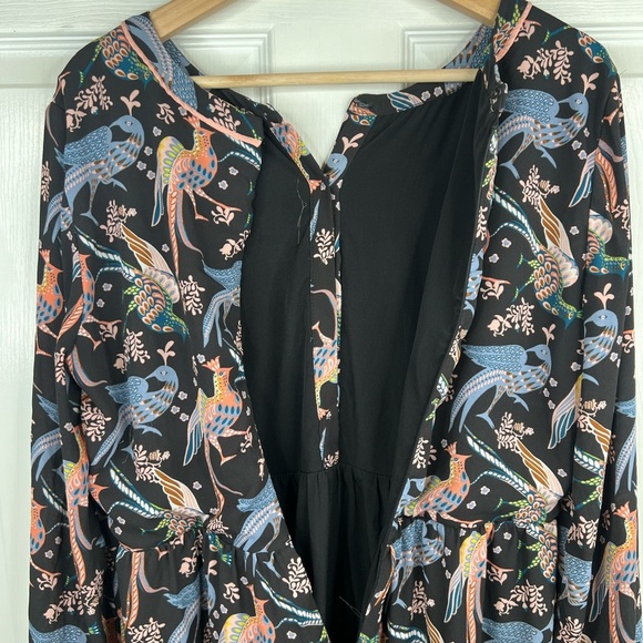 Loft Women's Size 8 Black Bird Print Long Sleeve Knee Length Dress - Picture 10 of 14